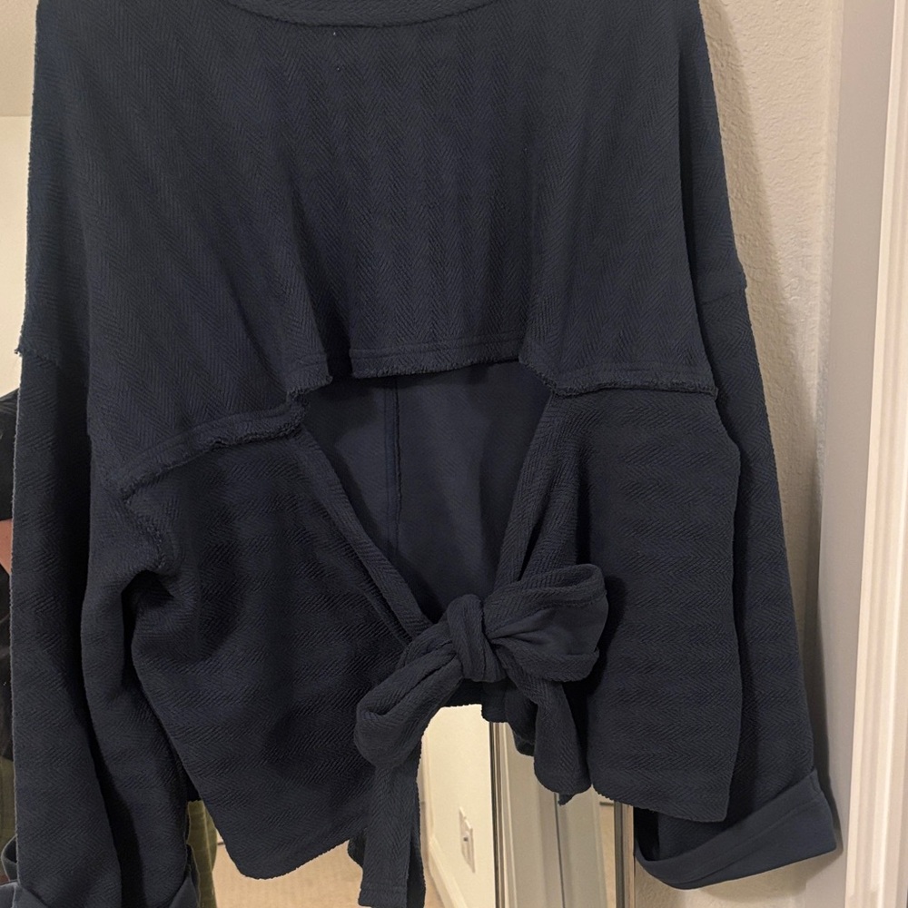 Free People Navy V-Neck Sweatshirt with Tie - Picture 6 of 7